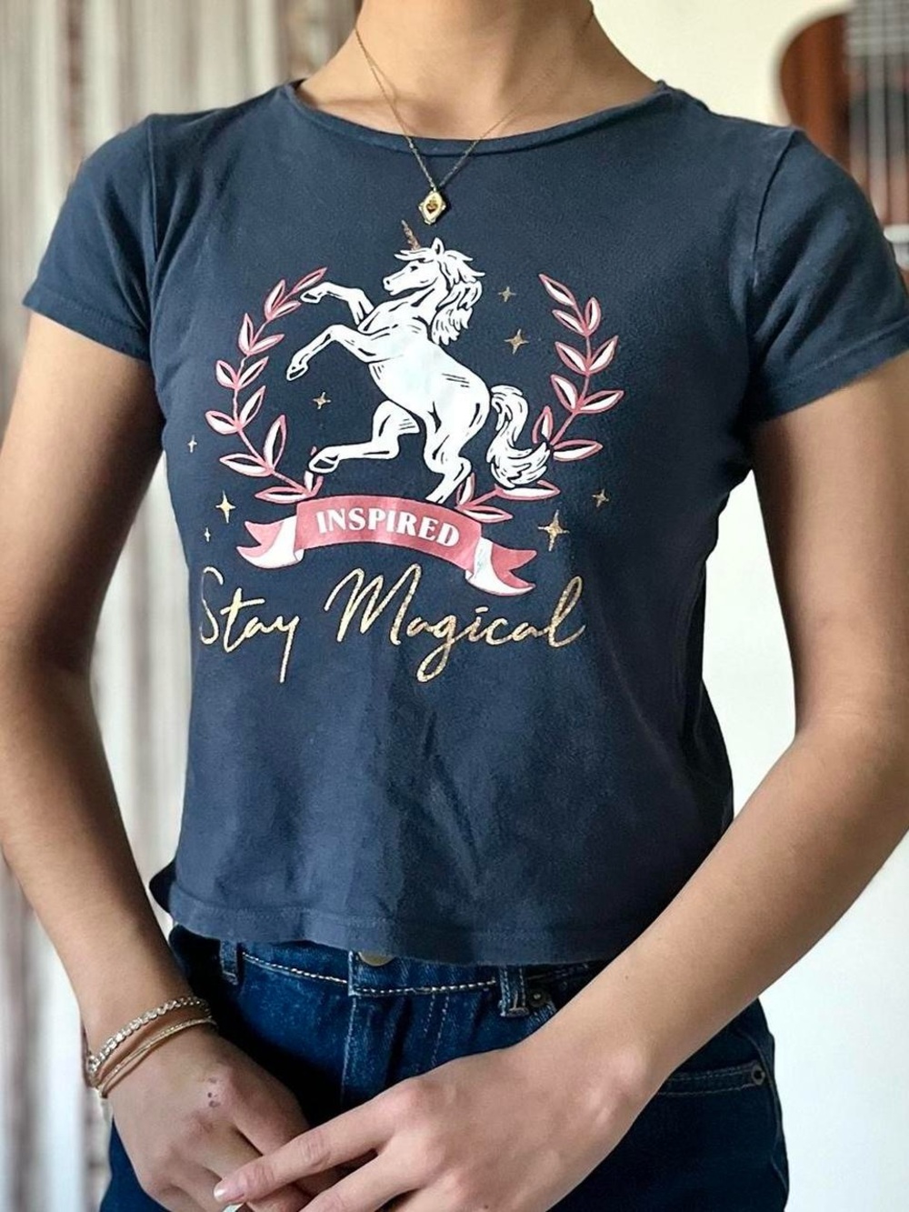 old navy “inspired stay magical” unicorn graphic crop top